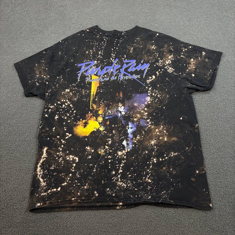 Prince T Shirt Mens XL Black Purple Rain Graphic Distressed Bleach Splatter Tee